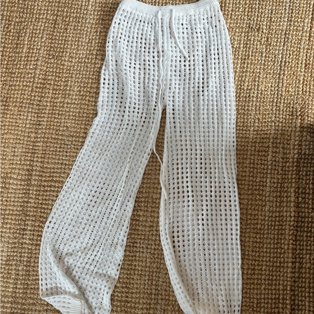 White Crochet Open-Knit Lounge Pants
